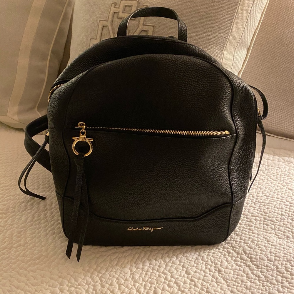 Ferragamo small black leather backpack tote